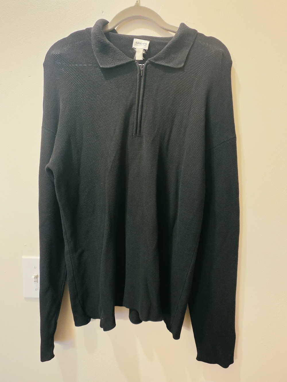 Armani Collezioni Men's Black Quarter-Zip Sheer Longsleeve Collar Knit Sweater